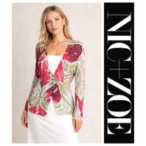 Nic + Zoe Watercolor Linen Blend Button Down Lightweight Cardigan Sweater Size M